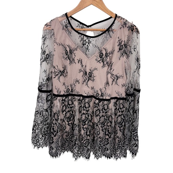 Evening by eci Whimsigoth Victorian Dark Romantic Lace Top Bell Sleeve Pink 10 - Picture 1 of 14